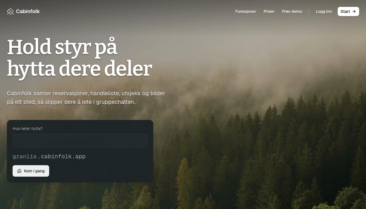Forsiden til Cabinfolk, med feltet der du gir hytta navn